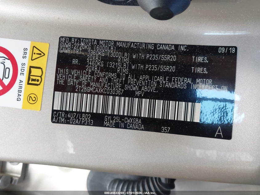 2019 Lexus VIN 2T2BGMCAXKC030367 IAAI salvage auction — FRONT END, Salvage Title, sold $17,300 on 2026-08-02 (photo 9)