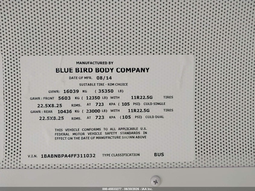 2015 Blue bird School bus / transit bus VIN 1BABNBPA4FF311032 IAAI salvage auction — NORMAL WEAR, Sf97 (Nevada), sold $19,100 on 2026-07-30 (photo 9)