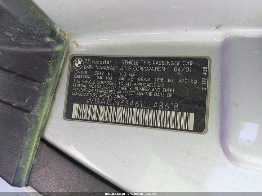 2001 BMW Z3 VIN WBACN53461LL48618 IAAI salvage auction — NORMAL WEAR, Clear - Dealer Only (California), sold $1,400 on 2026-07-20 (photo 9)