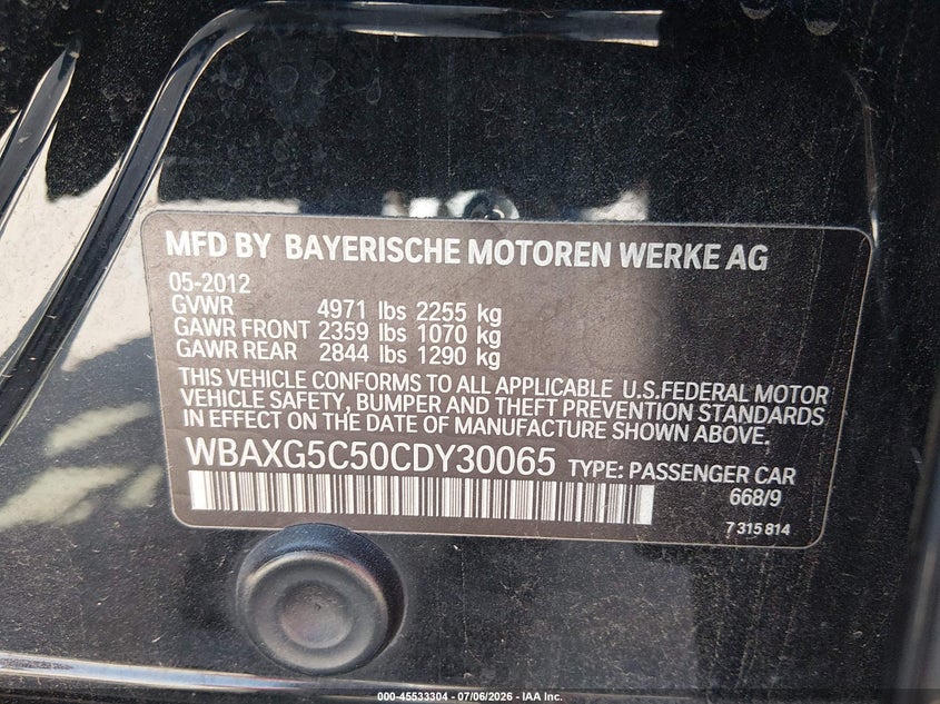 2012 BMW 5er VIN WBAXG5C50CDY30065 IAAI salvage auction — NORMAL WEAR, Original (Texas), sold $275 on 2026-07-28 (photo 9)
