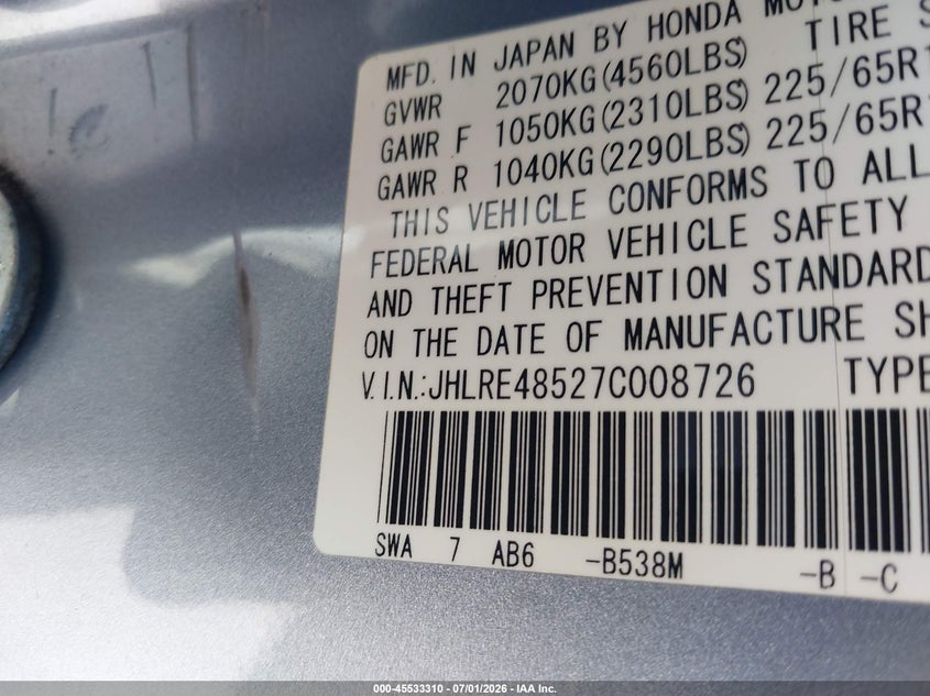 2007 Honda Cr-v VIN JHLRE48527C008726 IAAI salvage auction — NORMAL WEAR, Clear - Dealer Only (California), sold $1,650 on 2026-07-13 (photo 9)