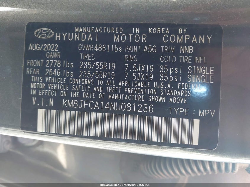 2022 Hyundai Tucson VIN KM8JFCA14NU081236 IAAI salvage auction — FRONT END, Mv-907A (New York), sold $12,200 on 2026-07-26 (photo 9)