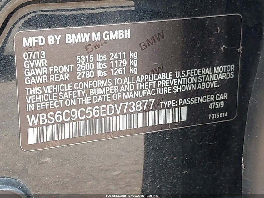 2014 BMW M6 gran coupe VIN WBS6C9C56EDV73877 IAAI salvage auction — LEFT SIDE, Clear (New Jersey), sold $7,100 on 2026-07-13 (photo 9)