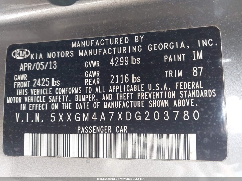 2013 Kia Optima VIN 5XXGM4A7XDG203780 IAAI salvage auction — LEFT FRONT, Bill Of Sale (Georgia), sold $525 on 2026-07-29 (photo 9)