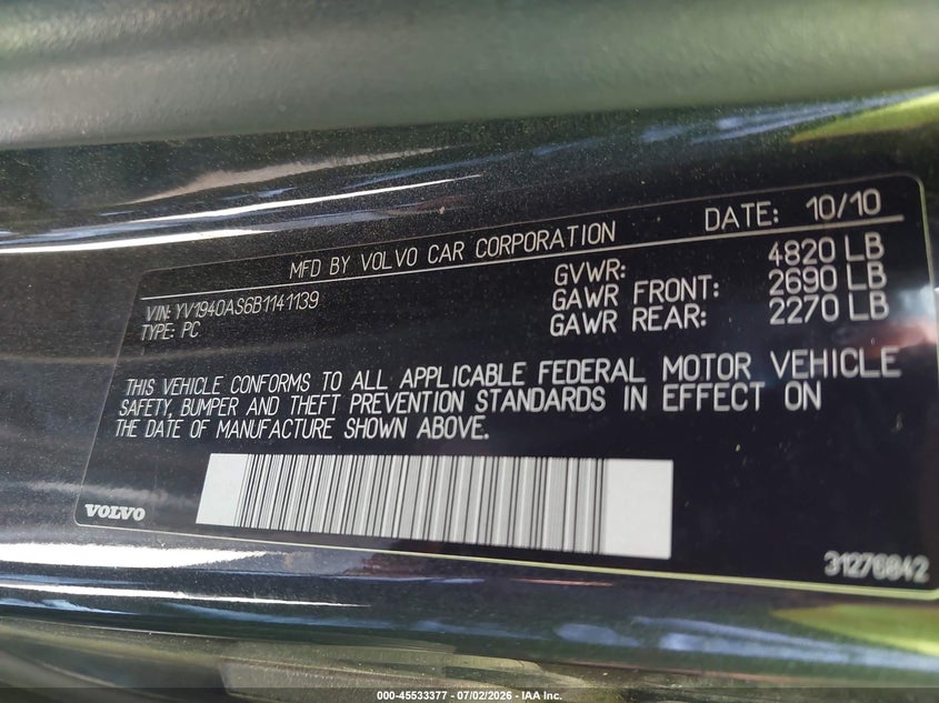 2011 Volvo S80 VIN YV1940AS6B1141139 IAAI salvage auction — RIGHT SIDE, Clear (Virginia), sold $650 on 2026-08-11 (photo 9)