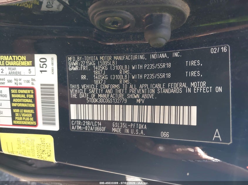 2016 Toyota Sienna VIN 5TDDK3DC0GS132779 IAAI salvage auction — LEFT SIDE, Mv-907A (New York), sold $4,900 on 2026-07-14 (photo 9)