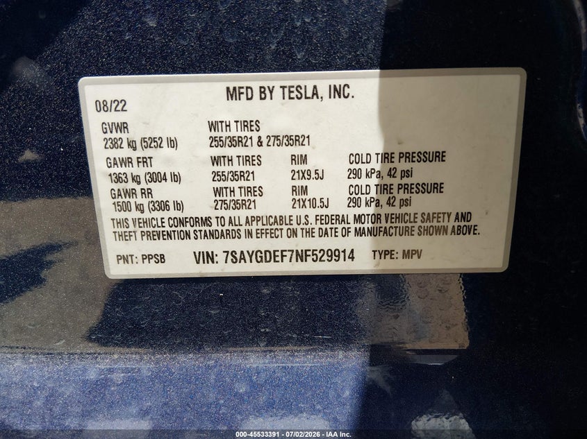 2022 Tesla Model y VIN 7SAYGDEF7NF529914 IAAI salvage auction — FRONT END, Original (Texas), sold $9,500 on 2026-08-27 (photo 9)