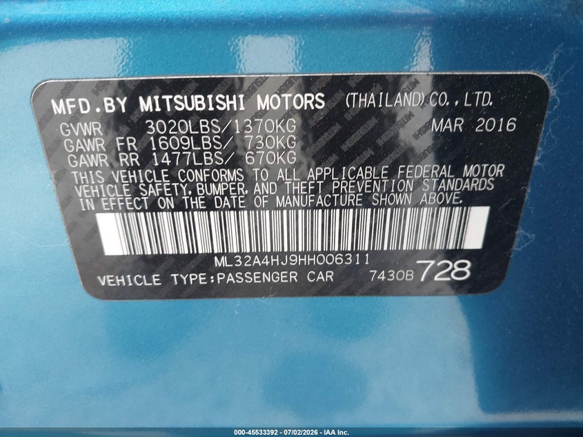 2017 Mitsubishi Mirage VIN ML32A4HJ9HH006311 IAAI salvage auction — RIGHT FRONT, Bill Of Sale (Washington), sold $825 on 2026-07-17 (photo 9)