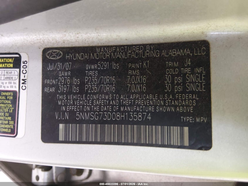 2008 Hyundai Santa fe VIN 5NMSG73D08H135874 IAAI salvage auction — RIGHT FRONT, Salvage (Missouri), sold $800 on 2026-07-29 (photo 9)