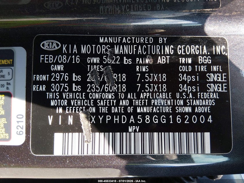 2016 Kia Sorento VIN 5XYPHDA58GG162004 IAAI salvage auction — NORMAL WEAR, Clear-Dealer Only (North Carolina), sold $3,100 on 2026-07-13 (photo 9)