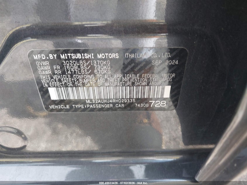 2024 Mitsubishi Mirage VIN ML32AUHJ4RH029335 IAAI salvage auction — FRONT END, Certificate Of Destruction (Florida), sold $600 on 2026-07-16 (photo 9)
