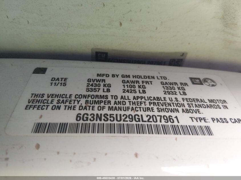 2016 Chevrolet Caprice VIN 6G3NS5U29GL207961 IAAI salvage auction — FRONT END, Salvage (New Mexico), sold $2,100 on 2026-07-27 (photo 9)