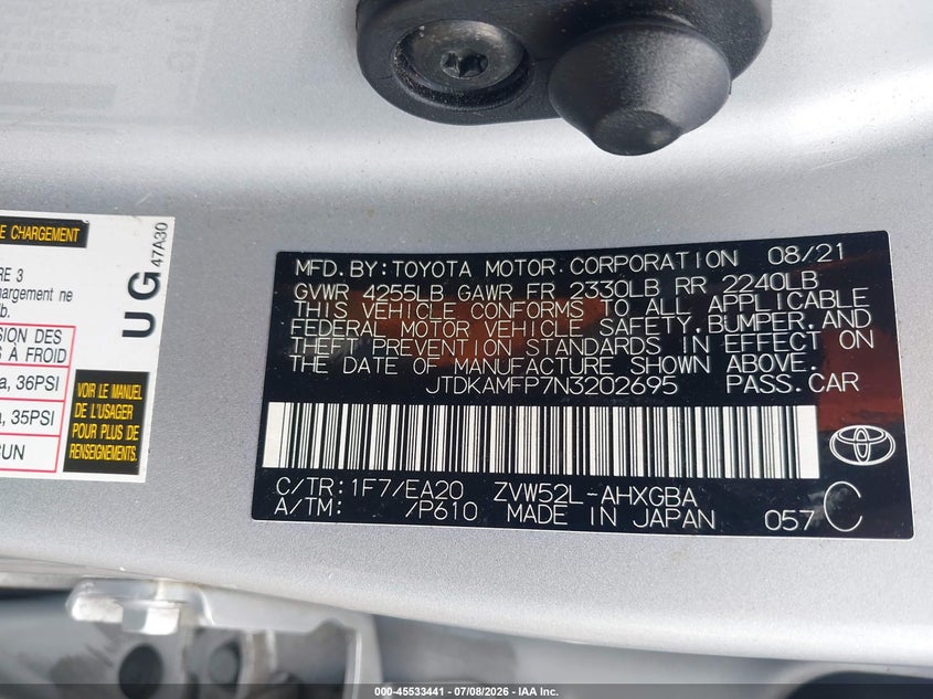 2022 Toyota Prius VIN JTDKAMFP7N3202695 IAAI salvage auction — RIGHT FRONT, Salvage - Greater Than 75% (Maryland), sold $6,400 on 2026-07-22 (photo 9)