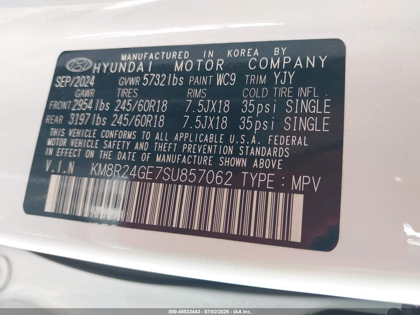 2025 Hyundai Palisade VIN KM8R24GE7SU857062 IAAI salvage auction — LEFT FRONT, Enterprise Vehicles Clear Only (Florida), sold $15,675 on 2026-07-09 (photo 9)