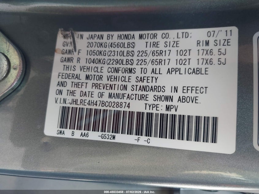 2011 Honda Cr-v VIN JHLRE4H47BC028874 IAAI salvage auction — FRONT END, Salvage (California), sold $1,900 on 2026-07-30 (photo 9)