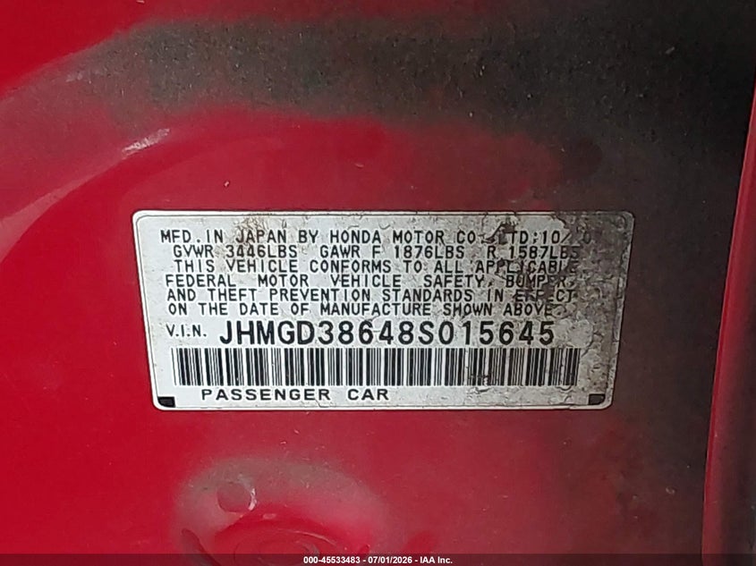 2008 Honda Fit VIN JHMGD38648S015645 IAAI salvage auction — FRONT END, Bill Of Sale (Washington), sold $275 on 2026-07-22 (photo 9)