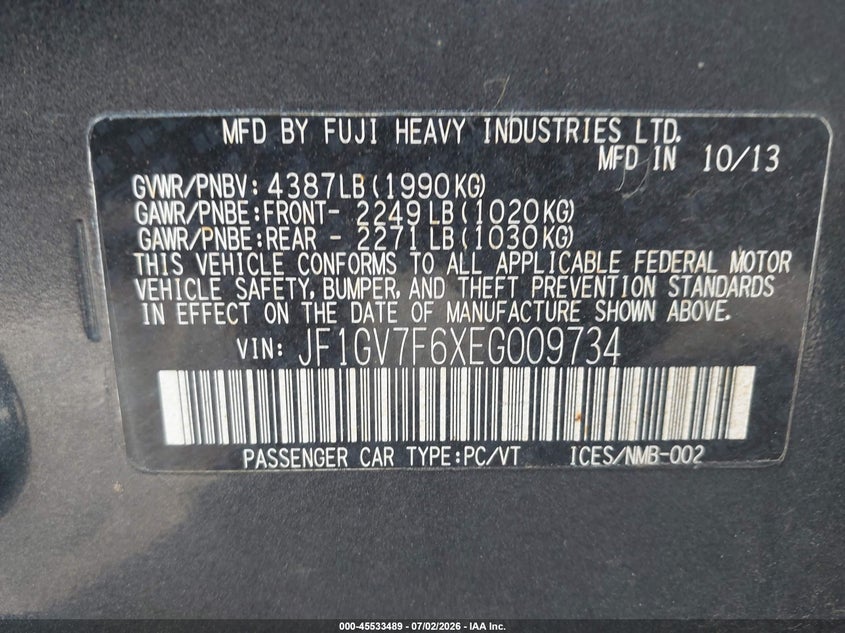 2014 Subaru Impreza wrx VIN JF1GV7F6XEG009734 IAAI salvage auction — NORMAL WEAR, Clear (Michigan), sold $925 on 2026-07-30 (photo 9)