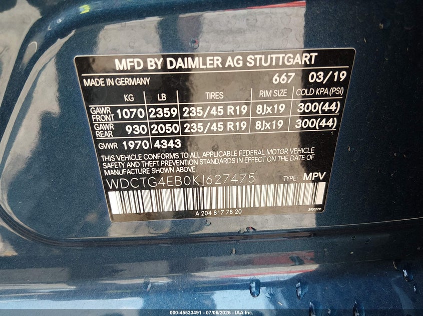 2019 Mercedes-benz Gla-klasse VIN WDCTG4EB0KJ627475 IAAI salvage auction — FRONT END, Salvage Title, sold $3,300 on 2026-07-24 (photo 9)