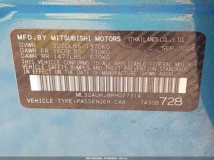 2024 Mitsubishi Mirage VIN ML32AUHJ8RH027314 IAAI salvage auction — FRONT END, Enterprise Vehicles Clear Only (New Jersey), sold $4,350 on 2026-07-09 (photo 9)