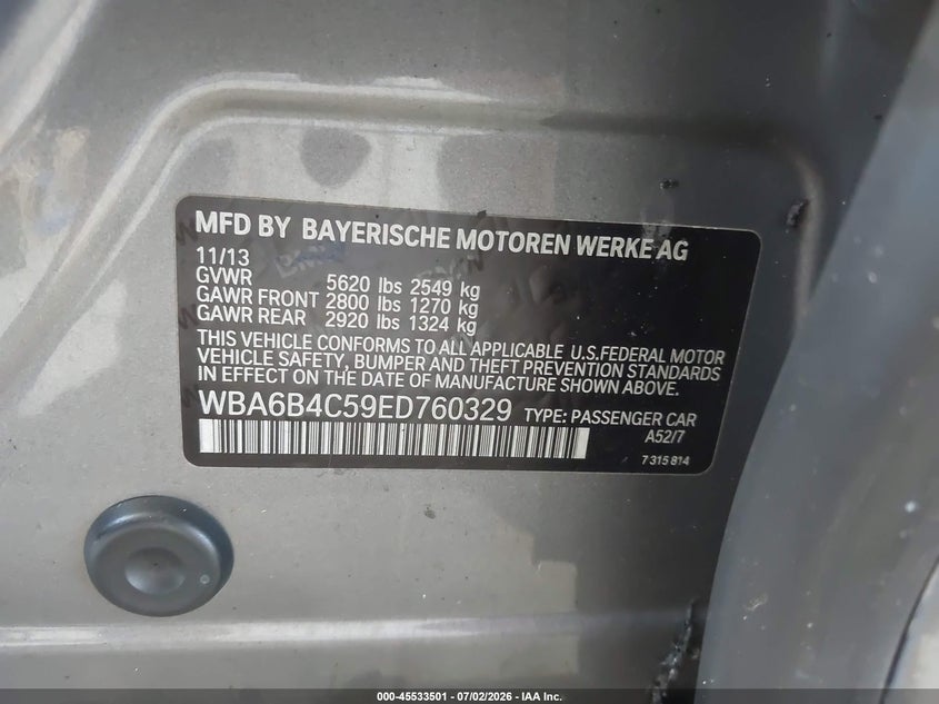 2014 BMW 6er VIN WBA6B4C59ED760329 IAAI salvage auction — ENGINE BURN, Salvage Title, sold $375 on 2026-08-06 (photo 9)