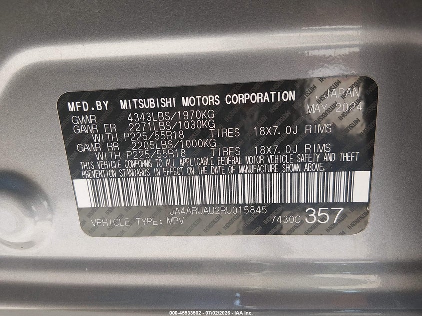 2024 Mitsubishi Outlander VIN JA4ARUAU2RU015845 IAAI salvage auction — ROLLOVER, Certificate Of Destruction (Florida), sold $675 on 2026-07-29 (photo 9)