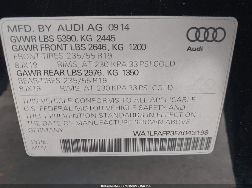 2015 Audi Q5 VIN WA1LFAFP3FA043198 IAAI salvage auction — RIGHT REAR, Salvage Title, sold $2,550 on 2026-07-30 (photo 9)