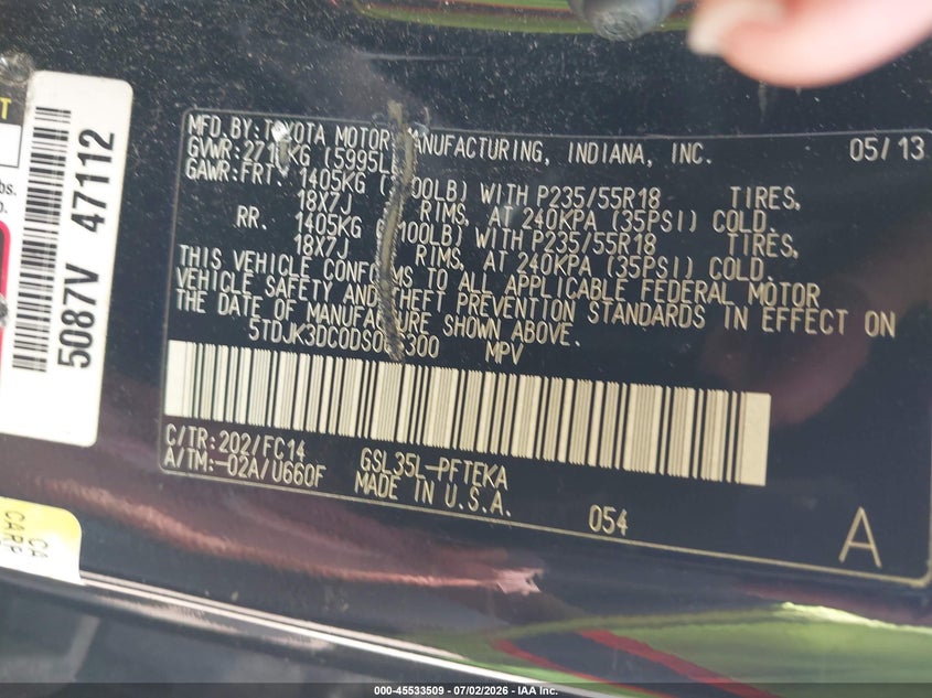 2013 Toyota Sienna VIN 5TDJK3DC0DS066300 IAAI salvage auction — NORMAL WEAR, Original (Ohio), sold $2,100 on 2026-07-23 (photo 9)