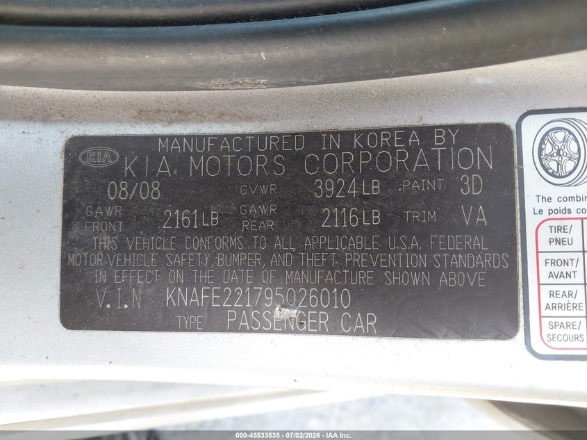 2009 Kia Spectra VIN KNAFE221795026010 IAAI salvage auction — FRONT END, Salvage (Texas), sold $25 on 2026-07-28 (photo 9)