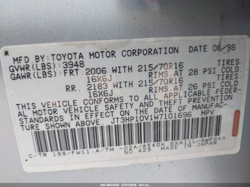 1998 Toyota Rav4 VIN JT3HP10V1W7101696 IAAI salvage auction — NORMAL WEAR, Clear (Minnesota), sold $1,000 on 2026-07-14 (photo 9)