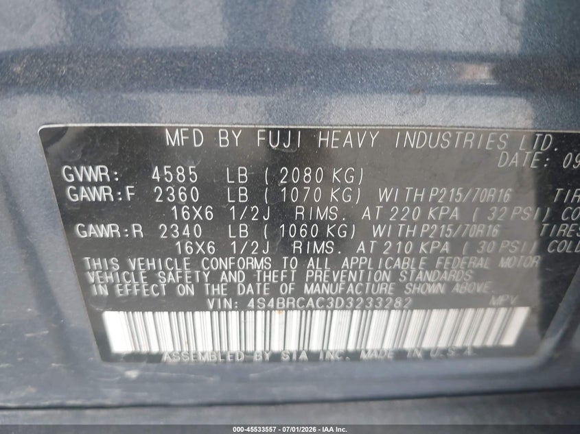 2013 Subaru Outback VIN 4S4BRCAC3D3233282 IAAI salvage auction — NORMAL WEAR, Clear (Utah), sold $350 on 2026-07-09 (photo 9)