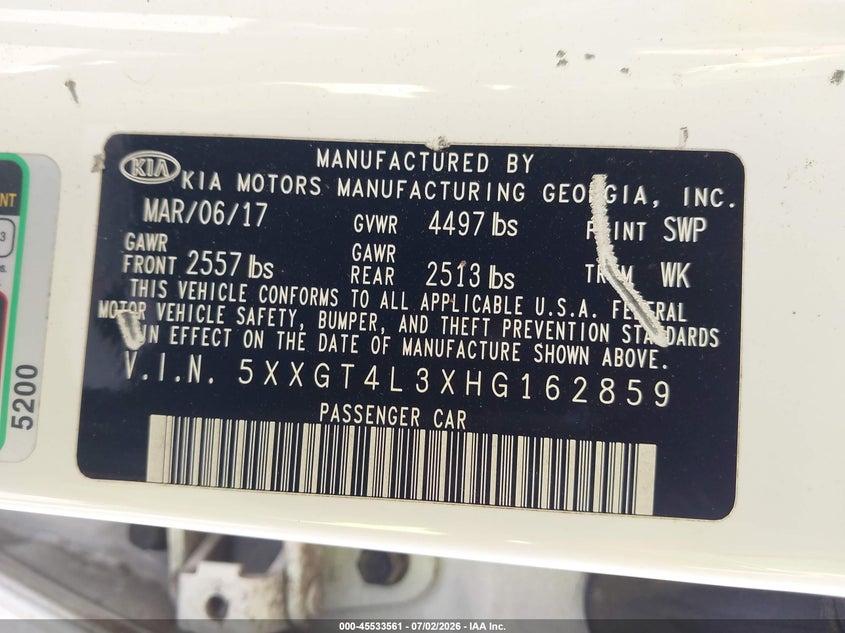 2017 Kia Optima VIN 5XXGT4L3XHG162859 IAAI salvage auction — LEFT & RIGHT, Original (Texas), sold $1,400 on 2026-08-02 (photo 9)