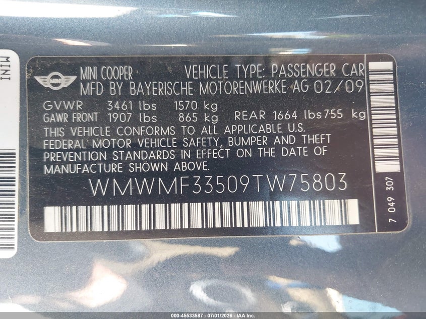 2009 Mini Cooper VIN WMWMF33509TW75803 IAAI salvage auction — NORMAL WEAR, Clear (California), sold $250 on 2026-07-30 (photo 9)
