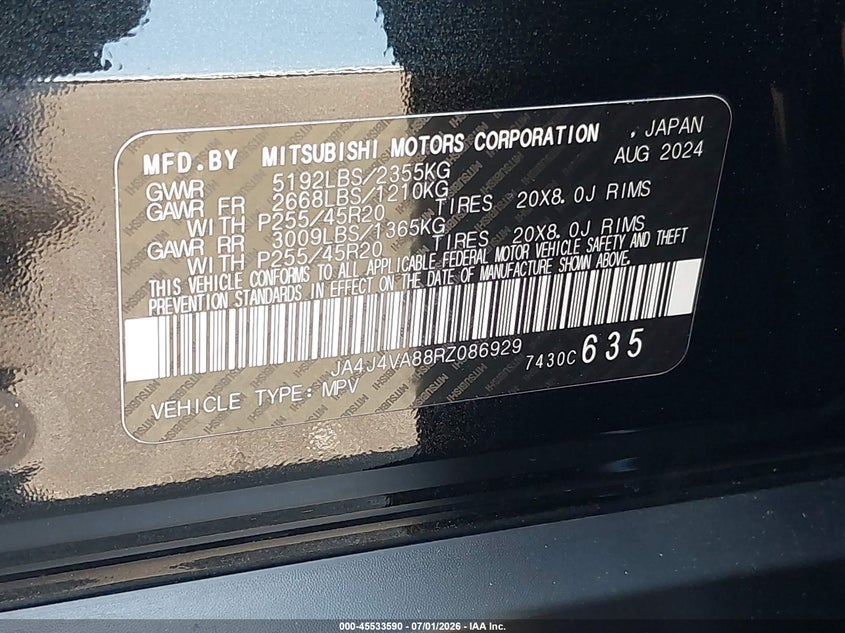 2024 Mitsubishi Outlander VIN JA4J4VA88RZ086929 IAAI salvage auction — RIGHT FRONT, Original (West Virginia), sold $11,700 on 2026-07-13 (photo 9)