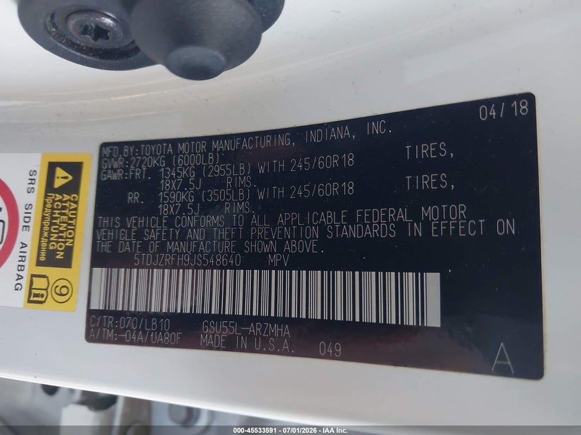 2018 Toyota Highlander VIN 5TDJZRFH9JS548640 IAAI salvage auction — FRONT END, Salvage Title, sold $5,900 on 2026-07-28 (photo 9)