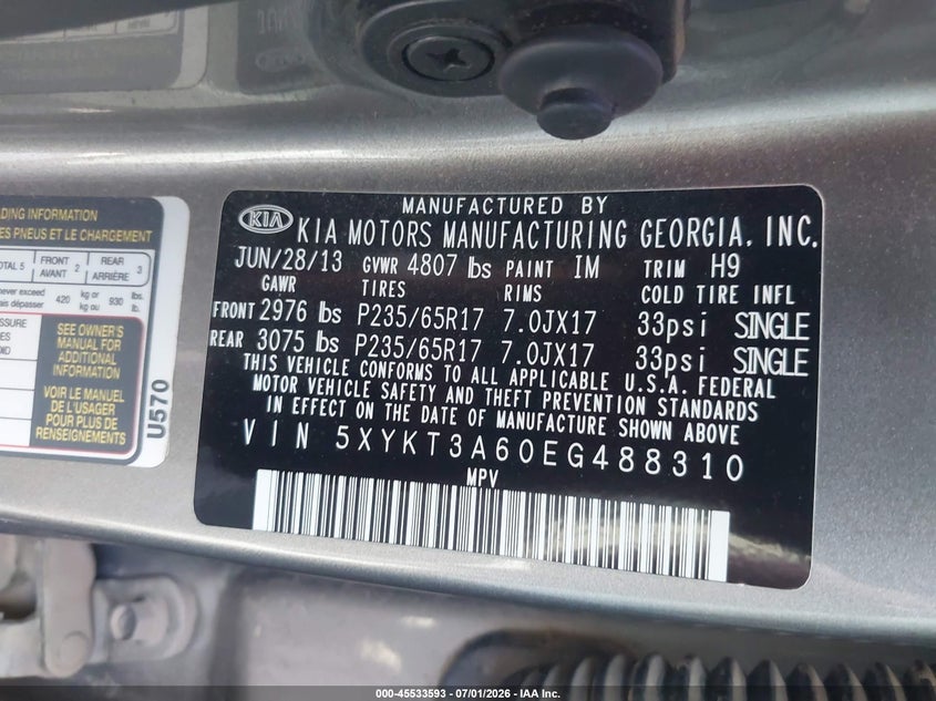 2014 Kia Sorento VIN 5XYKT3A60EG488310 IAAI salvage auction — LEFT FRONT, Salvage (Arizona), sold $1,600 on 2026-07-20 (photo 9)