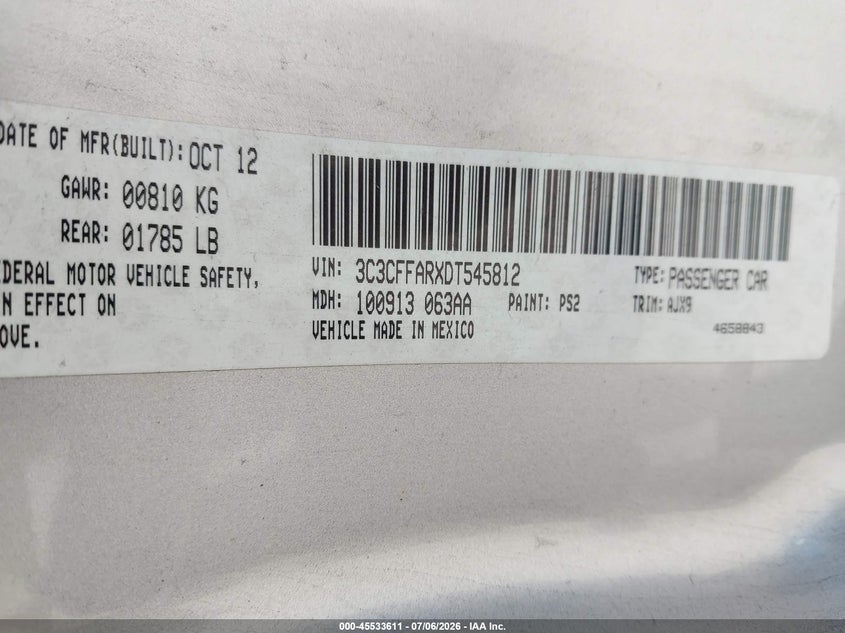 2013 Fiat 500 VIN 3C3CFFARXDT545812 IAAI salvage auction — FRONT & REAR, Salvage (Illinois), sold $275 on 2026-08-10 (photo 9)