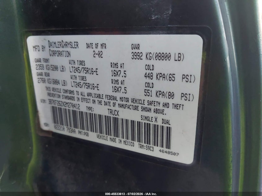 2002 Dodge Ram VIN 3B7KF26ZX2M270412 IAAI salvage auction — RIGHT REAR, Salvage (Kentucky), sold $1,150 on 2026-07-24 (photo 9)