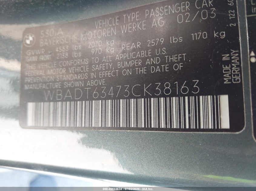 2003 BMW 5er VIN WBADT63473CK38163 IAAI salvage auction — LEFT SIDE, Salvage (California), sold $625 on 2026-08-03 (photo 9)