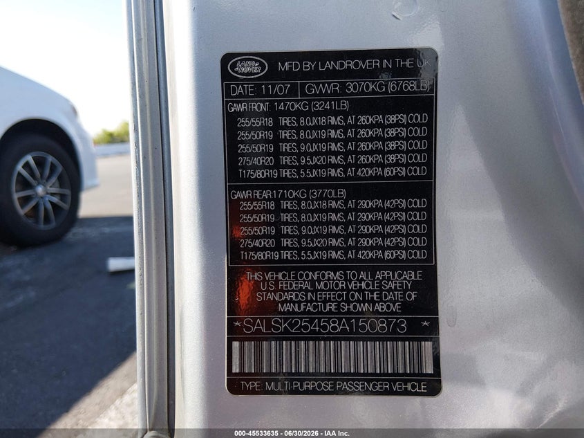 2008 Land rover Range rover sport VIN SALSK25458A150873 IAAI salvage auction — NORMAL WEAR, Clear (Nevada), sold $100 on 2026-07-24 (photo 9)