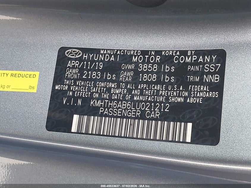 2020 Hyundai Veloster VIN KMHTH6AB6LU021212 IAAI salvage auction — FRONT END, Bill Of Sale (Washington), sold $2,350 on 2026-07-29 (photo 9)
