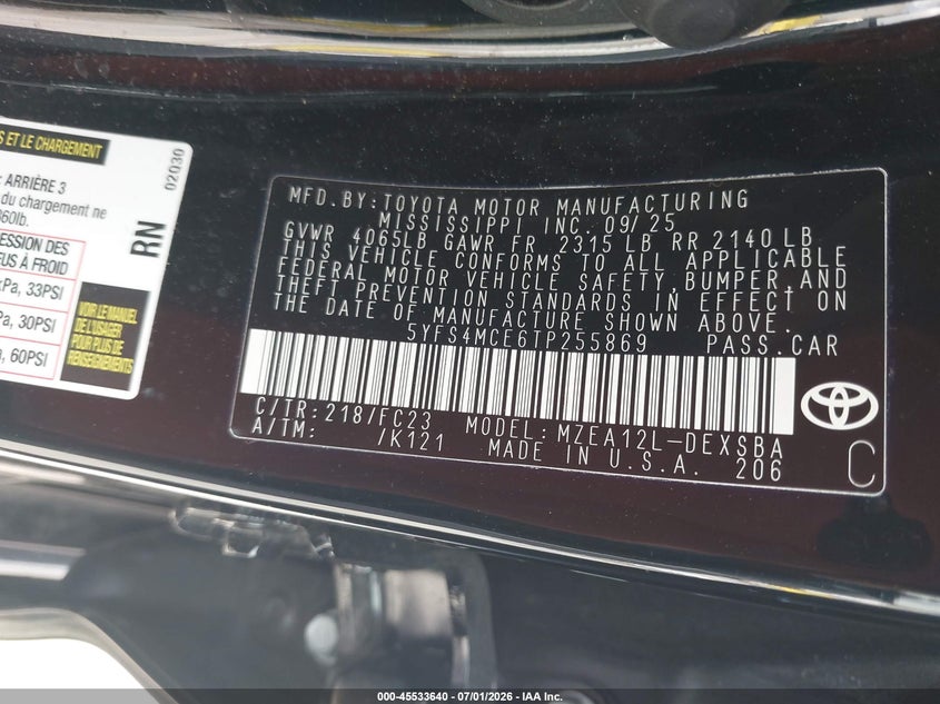 2026 Toyota Corolla VIN 5YFS4MCE6TP255869 IAAI salvage auction — FRONT END, Rebuildable (Florida), sold $6,725 on 2026-07-30 (photo 9)