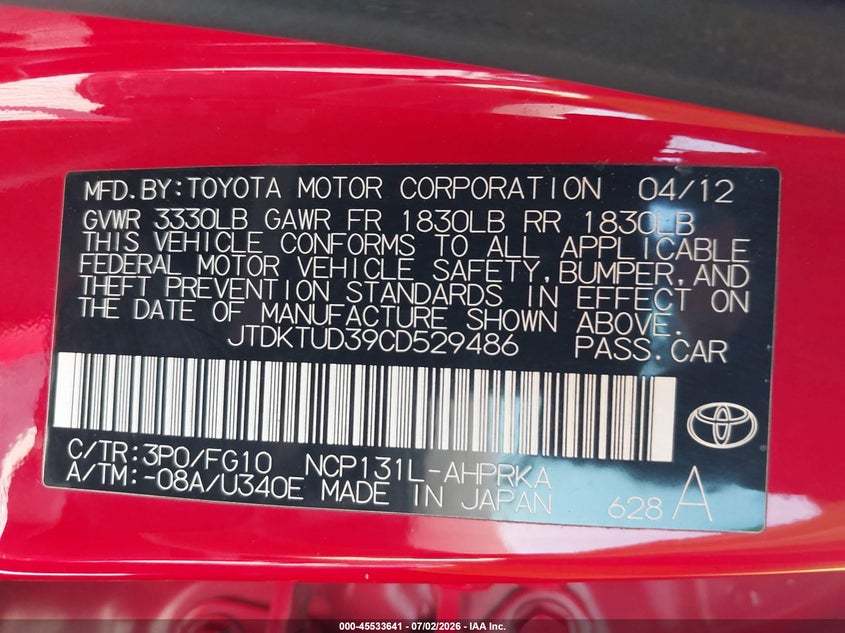 2012 Toyota Yaris VIN JTDKTUD39CD529486 IAAI salvage auction — NORMAL WEAR, Clear (Florida), sold $900 on 2026-07-16 (photo 9)