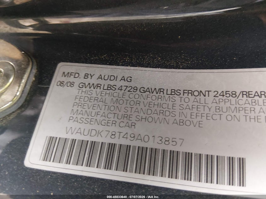 2009 Audi A5 VIN WAUDK78T49A013857 IAAI salvage auction — RIGHT FRONT, Clear (Virginia), sold $25 on 2026-07-30 (photo 9)