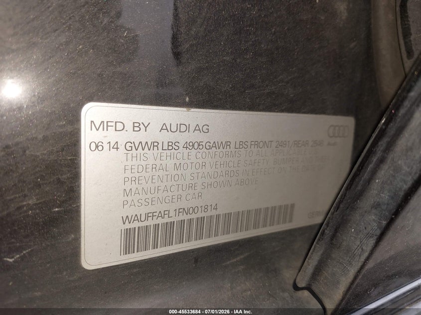 2015 Audi A4 VIN WAUFFAFL1FN001814 IAAI salvage auction — LEFT FRONT, Clear (Washington), sold $1,600 on 2026-07-22 (photo 9)