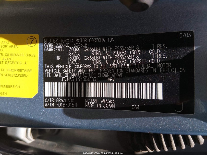 2004 Lexus Rx 330 VIN JTJHA31U940048831 IAAI salvage auction — NORMAL WEAR, Clear (South Carolina), sold $1,950 on 2026-07-14 (photo 9)