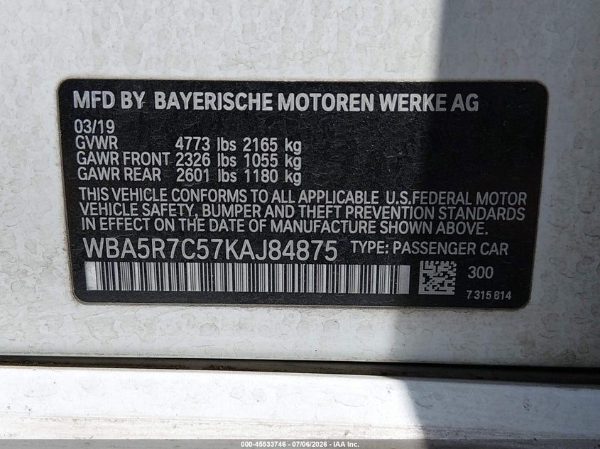 2019 BMW 3er VIN WBA5R7C57KAJ84875 IAAI salvage auction — RIGHT REAR, Salvage (Oregon), sold $9,100 on 2026-09-07 (photo 9)