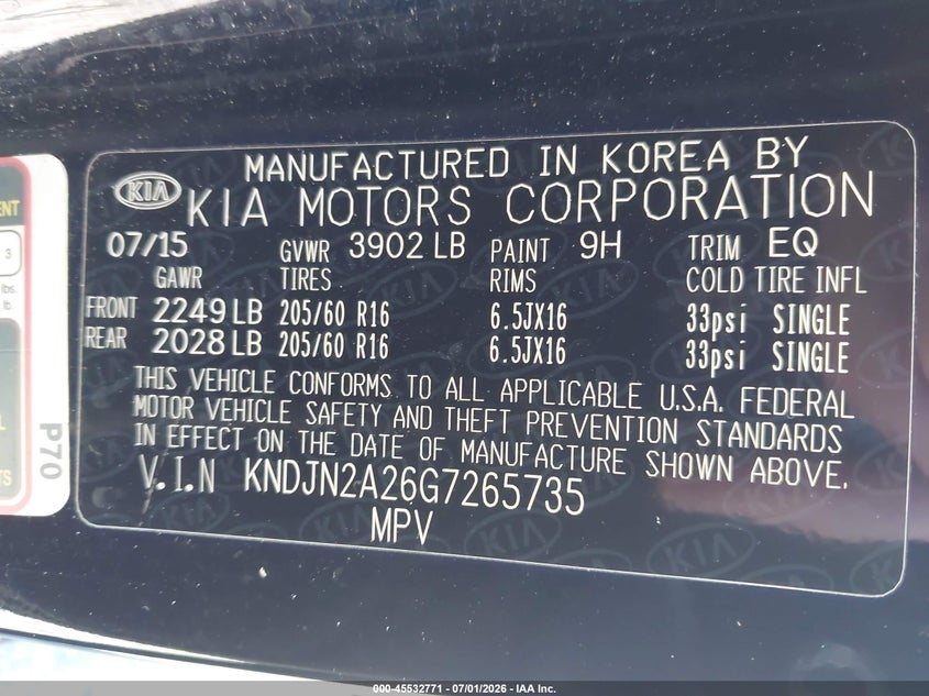 2016 Kia Soul VIN KNDJN2A26G7265735 IAAI salvage auction — LEFT SIDE, Salvage Title, sold $1,175 on 2026-07-30 (photo 9)