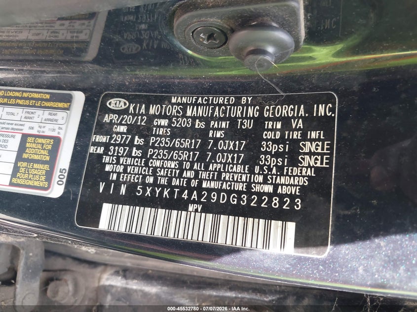 2013 Kia Sorento VIN 5XYKT4A29DG322823 IAAI salvage auction — NORMAL WEAR, Original (Ohio), sold $675 on 2026-07-30 (photo 9)