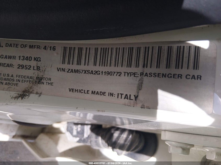 2016 Maserati Ghibli VIN ZAM57XSA2G1190772 IAAI salvage auction — FRONT END, Wait Title, sold $1,350 on 2026-10-02 (photo 9)