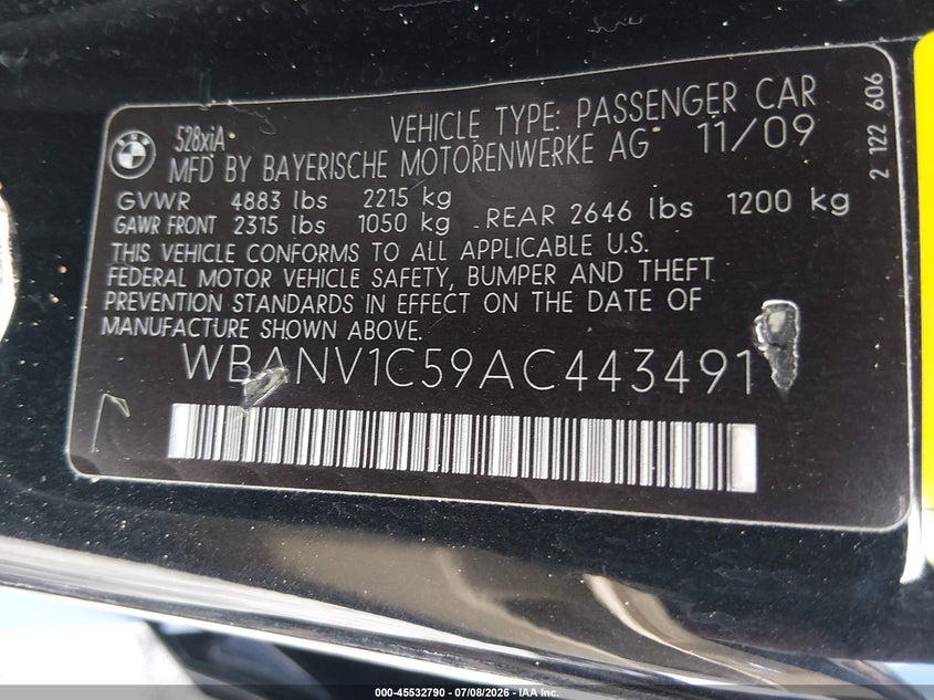 2010 BMW 5 series VIN WBANV1C59AC443491 IAAI salvage auction — ENGINE DAMAGE, Clear (Pennsylvania), sold $225 on 2026-07-17 (photo 9)